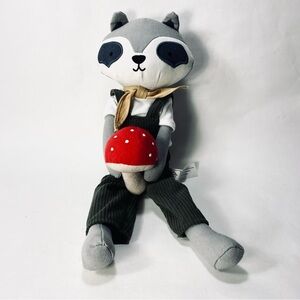 Hearth & Hand Magnolia Plush Raccoon in Overalls with Red Mushroom